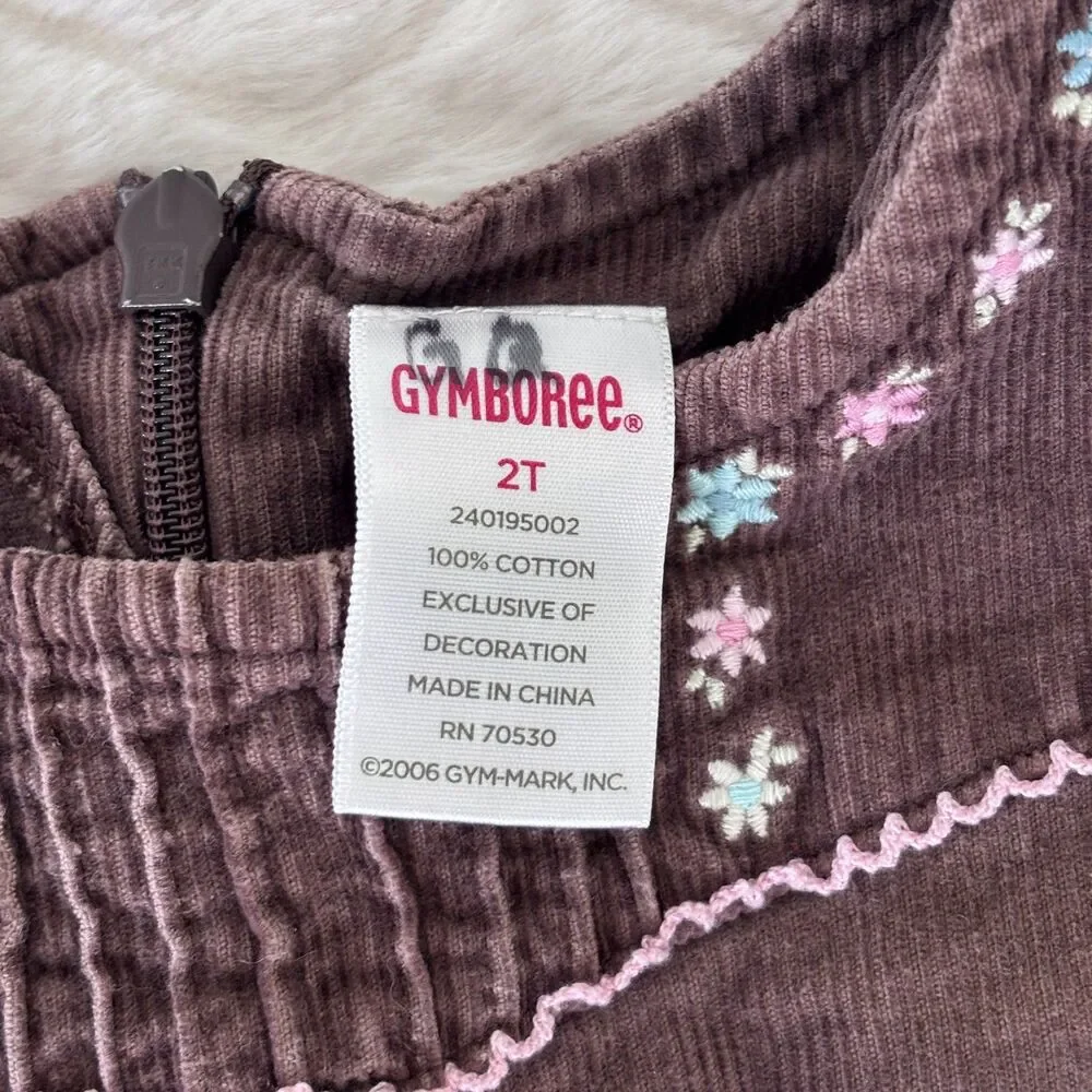 Gymboree Girls Size 2T Brown Corduroy Floral Embroidered Tiered Dress Y2K Bow